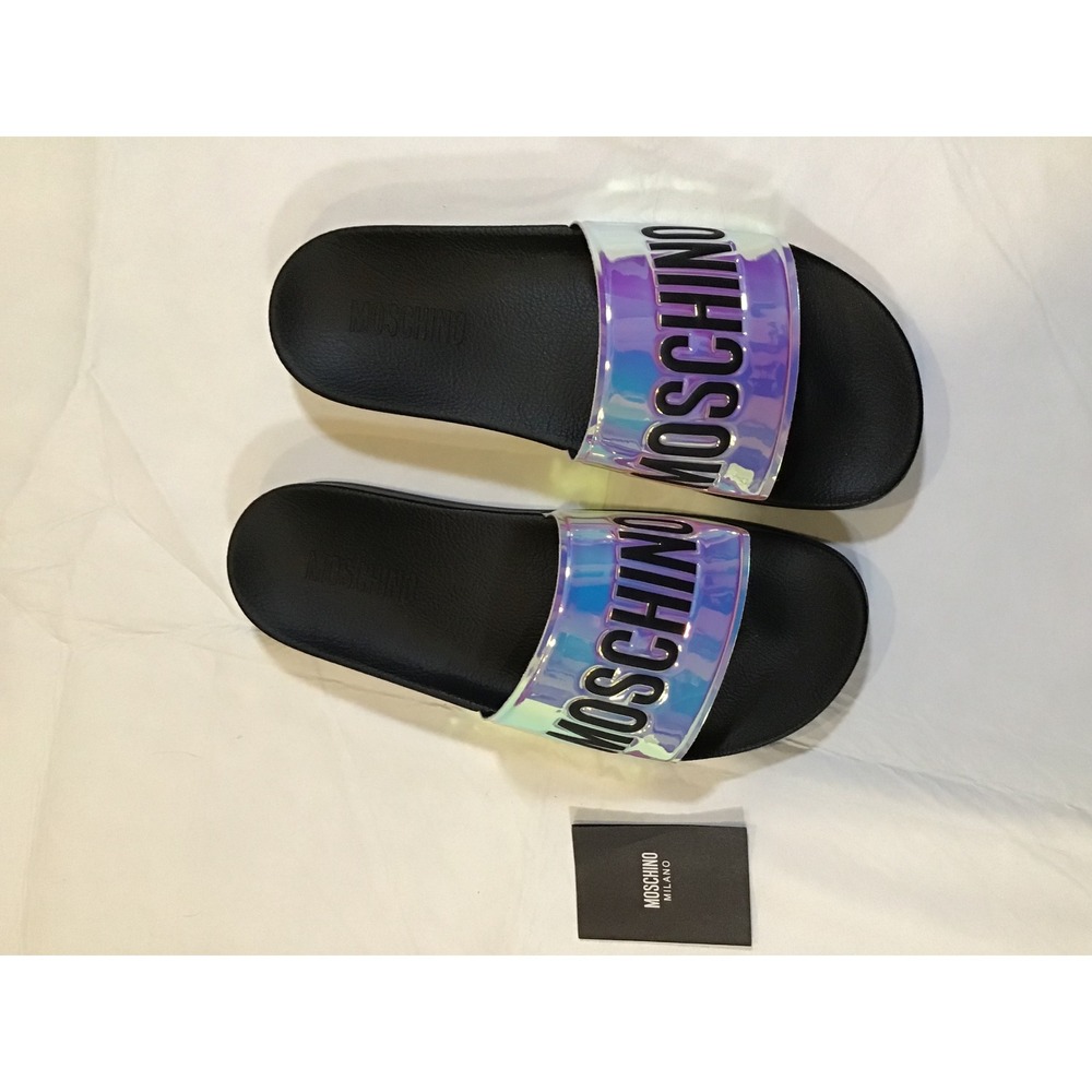Moschino Milano Iridescent Holographic Pool Slide Sandal Black Silver Never Worn